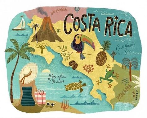 Costa Rica Costa Rica Map, Costa Rica Art, Cost Rica, Map Creator, Illustrated Maps, Pictorial Maps, Amazing Maps, Costa Rica Vacation, Drawn Map