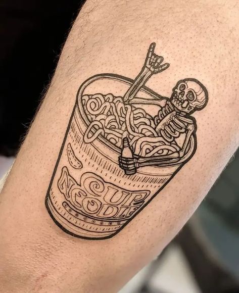 Cup Of Noodles Tattoo, Food Animal Tattoo, Soup Bowl Tattoo, Chinese Takeout Tattoo, Funny Food Tattoos, Foodie Tattoos Ideas, Japanese Food Tattoo, Ramen Tattoo Design, Ramen Noodle Tattoo