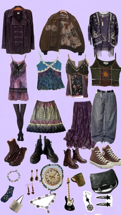 I want to be somthing when I grow up #purple #outfit #wimsy #outfitboard #aeathetic Purple Hippie Outfit, Purple Fairycore Outfit, Green And Purple Outfit Aesthetic, Whimsigoth Inspiration, Whimsigothic Style, Purple And Green Outfit, Whimsigothic Outfits, Fairy Outfit Aesthetic, Green And Purple Outfit