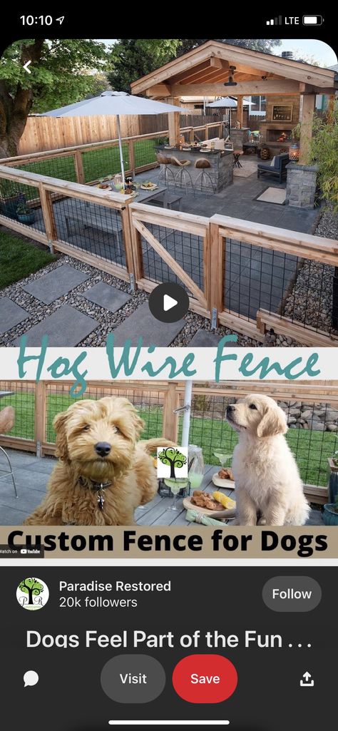 Hog Wire Fence For Dogs, Small Dog Run Ideas Backyard Diy, Fenced Back Patio, Backyard Patio Fence Ideas, Hog Wire Dog Fence, Back Porch Dog Area, How To Build A Hogwire Fence, Barnyard Fence Ideas, Back Patio Fence Ideas