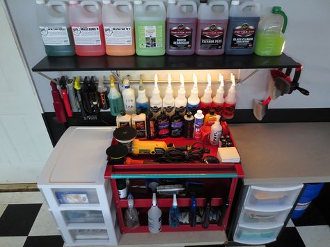 How do you store your supplies? - Auto Geek Online Auto Detailing Forum Detailing Tools, Car Detailing Storage Ideas, Car Detail Shop Ideas, Detail Shop Ideas Auto, Car Detailing Shop Design, Auto Detailing Garage Ideas, Car Detailing Garage Ideas, Detailing Garage Ideas, Car Detailing Studio Interior