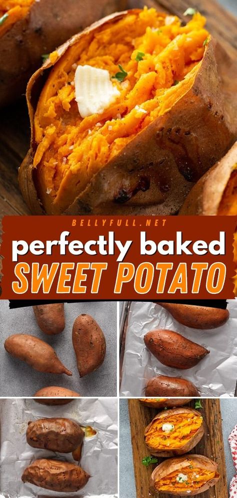 How to make the perfectly baked sweet potato! You'll love this vegetable idea. Thanks to some foolproof steps, this oven baked sweet potato recipe comes out fluffy inside with a crispy exterior. Try this easy side dish for dinner! Baked Sweet Potato Oven, Oven Baked Sweet Potato, Easy Vegetable Side Dish, Sweet Potato Oven, Sweet Potato Recipes Baked, Sweet Potato Recipe, Candied Sweet Potatoes, Favorite Recipes Chicken, Easy Potato Recipes