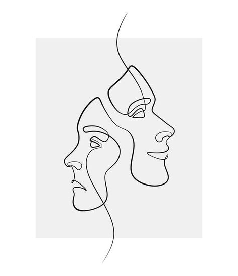 One Line Portrait Drawing, Faces Drawing Abstract, One Line Face Art, One Line Tattoo Face, Line Art Portrait Faces, Two Face Drawing, One Line Art Tattoo, Two Faces Art, Two Faces Tattoo