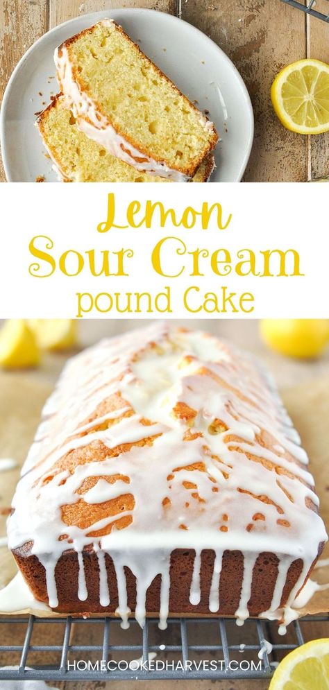 Baked lemon pound cake with a glaze drizzled over the top that is dripping down the front. Some cut slices of pound cake. Lemon Sour Cream Pound Cake, Sour Cream Desserts, Lemon Treats, Lemon Loaf Cake, Frozen Lemon, Sour Cream Pound Cake, Sour Cream Recipes, Sour Cream Cake, Lemon Loaf