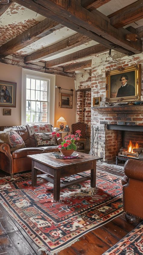 "Cozy #RusticLiving: #RusticDecor living room with #ExposedWoodenBeams, brick #FireplaceDesign, and #TraditionalInteriors under #WarmLighting. #RusticCharm #CozyAtmosphere ⬇️ Download and 📝 Prompt 👉 https://stockcake.com/i/cozy-rustic-living_947656_488496". Exposed Brick Fireplace Living Room, Rustic Cabin Interior, Cozy Cabin Interior, Cabin Living Room, Rustic Home Interiors, Cozy Living Spaces, Traditional Living, Cabin Living, Cozy Fireplace