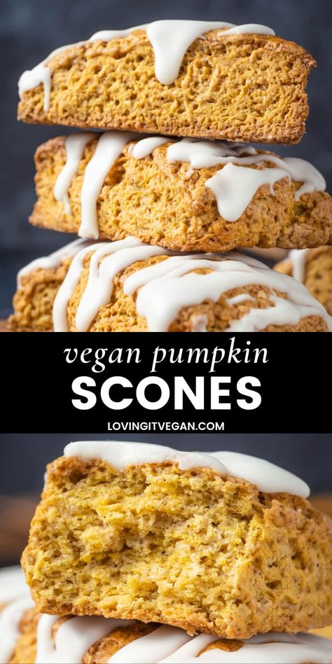 These vegan pumpkin scones are gorgeously spiced and loaded with the best fall flavors! Soft, flaky and moist and topped with a delicious glaze. | lovingitvegan.com Vegan Pumpkin Scones, Pumpkin Scones Recipe, Pumpkin Pie Spice Recipe, Pie Spice Recipe, Vegan Pumpkin Recipes, Pumpkin Scones, Homemade Pumpkin Pie, Homemade Pumpkin Puree, Healthy Baking Recipes