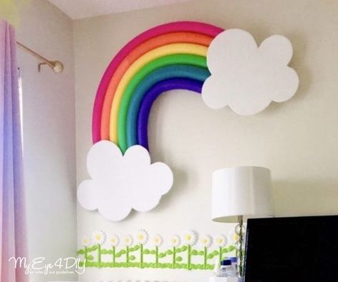 Rainbow Classroom Theme Decor Diy, Big Rainbow Decoration, Rainbow Board Ideas, Diy Rainbow Decorations Classroom, Rainbow With Pool Noodles, Rainbow Wall Decor Diy, Rainbow School Decorations, Giant Rainbow Decoration, Rainbow Decor Classroom