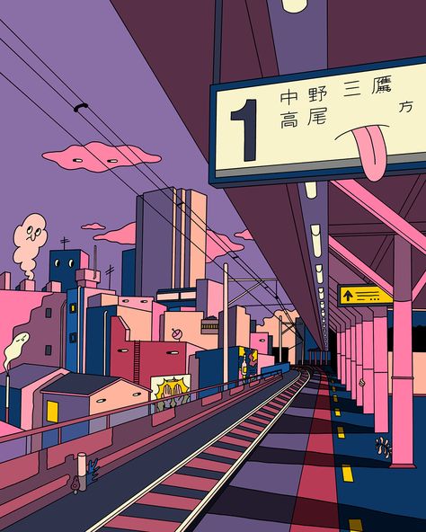 Random Illustrations Collection I on Behance Pop Illustration, Illustrations Art, Trainspotting, Japon Illustration, City Illustration, Light My Fire, Retro Art, Scenery Wallpaper, Train Station