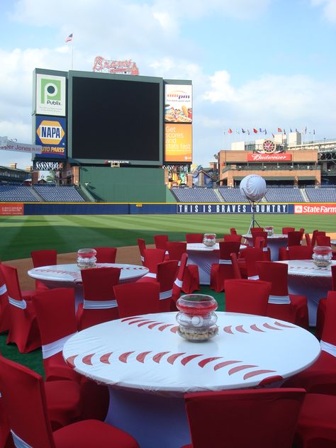 Birthday Party At Baseball Field, Baseball Themed Corporate Event, Field Of Dreams Party, Baseball Banquet Ideas, Baseball Concessions, Baseball Centerpiece, Expo Stand, Event Solutions, Baseball Print