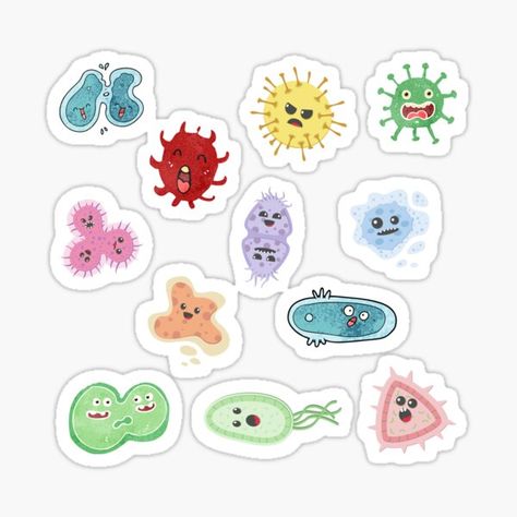 Cute Microbes Bacteria, Virus, Ecoli MicroBiology Seamless Pattern Sticker Pack. These includes cute expressions of microbes including funny ecoli, virus, bacteria, fungi, protozoa and much more. • Millions of unique designs by independent artists. Find your thing. Microbiology Stickers Printable, Microbiology Stickers, Bacteria Cartoon, Science Lab Decorations, Pharmacy Art, Cute Expressions, Science Stickers, Canvas Learning, Alphabet Stickers