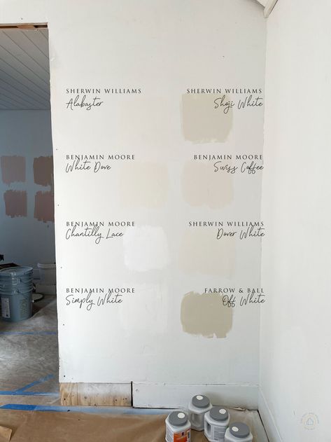 We Sampled 8 Popular White Paint Colors, Here are Our Favorites... — The Grit and Polish Paint Colors For White Bedroom Furniture, White Paint Samples On Wall, Dark White Paint Colors, The Best Cream Paint Colors, Wherein Williams White Paint, Popular White Paint Colors For Walls Sherwin Williams, Dover White Living Room Walls, Cottage White Paint Color, Sw Elder White