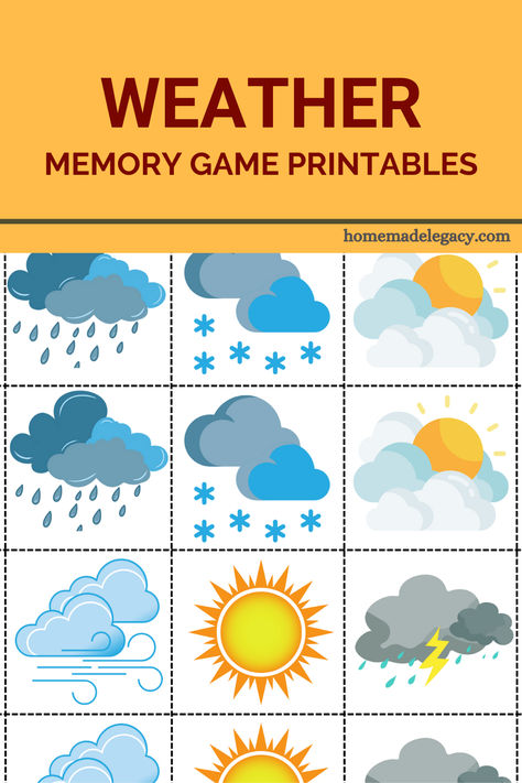 Weather memory game is a great way for children to learn about the weather.  All you have to do is download and print on an A4 paper. Each symbol is cut out and placed face down randomly. Children then have to flip the symbol to find the matching two.  #memorygame #weatheractivity #printables Weather Matching Game Free Printable, Weather Games For Kids, Memory Games For Kids Printable, Weather Printables, Weather Activities Preschool, Weather Games, Memory Match Game, Executive Functioning Skills, Activity Sheets For Kids