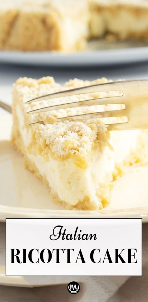 Italian Ricotta Crumble Cake, Ricotta Crumble Cake, Ricotta Coffee Cake Recipes, Italian Orange Ricotta Cake, Coconut Ricotta Cake, Ricotta Cake Filling, Ricotta Deserts Recipes, Easy Ricotta Dessert, Ricotta Cake With Box Cake