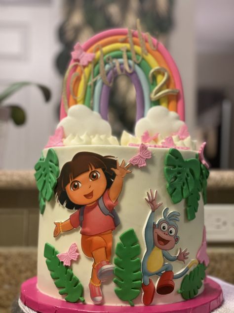 Dora The Explorer Balloon Garland, Dora The Explorer Party Ideas, Dora The Explorer Decorations, Dora Birthday Theme, Dora First Birthday Party, Dora Themed Birthday Party, Dora Cake Design, Dora Theme Cake, Dora Birthday Party Ideas