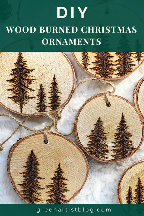 DIY: How To Make Beautiful Wood Burned Ornaments Woodburn Ornaments Diy, Wood Burning Pen Projects, Christmas Wood Burning Patterns, Wood Burned Coasters Diy, Diy Wood Burning Gifts, Wood Burnt Ornaments Diy, Wood Burning Christmas Gifts, Wood Burning Ornament Ideas, Woodburned Christmas Ornament