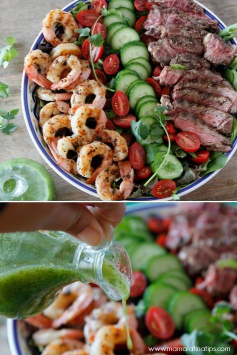 Surf And Turf Salad, Grilled Surf And Turf, Beef Kabob Recipes, Healthy Steak, Steak Salad Recipe, Grilled Salad, South American Recipes, Cilantro Dressing, Steak And Shrimp