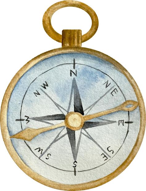 Watercolor gold and blue vintage pocket compass. Nautical elemen Nautical Background, Nautical Clipart, Compass Drawing, Compass Art, Airplane Drawing, Postcard Mockup, Pocket Compass, Vintage Compass, Nautical Compass