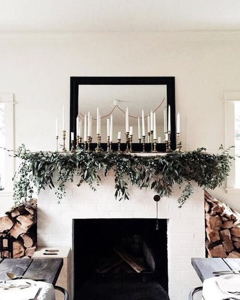 modern garlands on apartment 34 Christmas Garland Mantle, Fresh Farmhouse, Christmas Mantle, Minimalist Christmas, The Fireplace, Christmas Mantels, Winter Home Decor, Wrapping Ideas, Noel Christmas