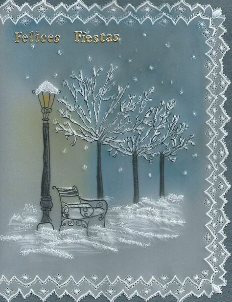 T T snowy trees street bench Vellum Crafts, Clarity Card, Barbara Gray Blog, Parchment Design, Parchment Crafts, Barbara Gray, Parchment Paper Craft, Acetate Cards, Recycled Cards