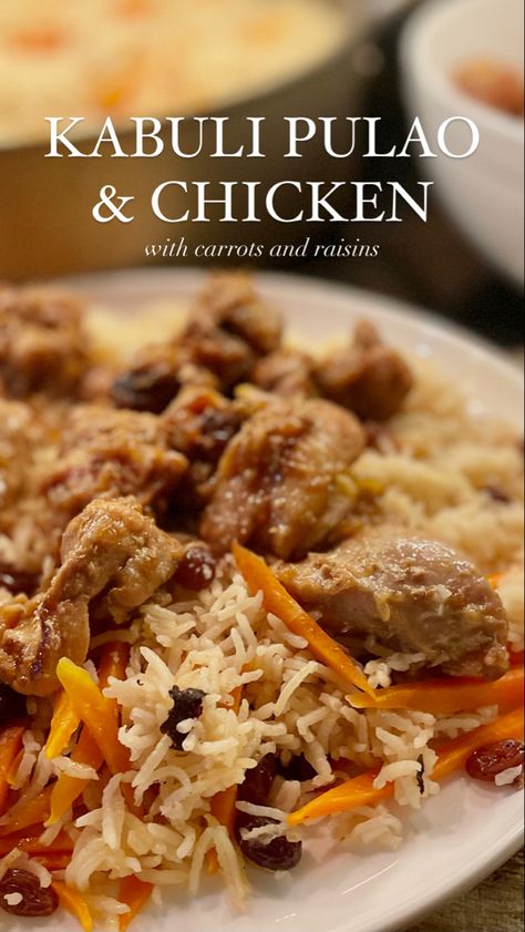 Kabuli Puloa with chicken is a simple and delicious meal of rice topped with sautéed carrots and sweet raisins to balance the delicious savory chicken is it topped with-a perfect meal that’s great for a quick weeknight dinner but special enough for weekends and parties! Afghan Rice With Raisins, Afgan Chicken Recipes, Raisin Recipes Savory, Chicken Kabuli Pulao Recipes, Afghanistan Rice Recipes, Iranian Chicken Recipes, Special Rice Recipe, Afghan Chicken Recipes, Kabuli Pulao Recipes