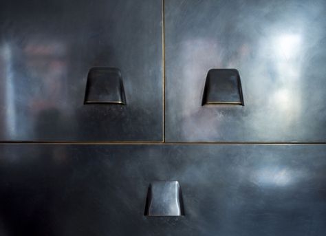 Custom blackened brass cabinets by Ferra in an apartment remodel by Workstead, Matthew Williams photo | Remodelista Brass Cabinets, Iron Crib, Apartment Remodel, Blackened Brass, Matthew Williams, Joinery Details, Blackened Steel, Wood Wall Mirror, The Architect