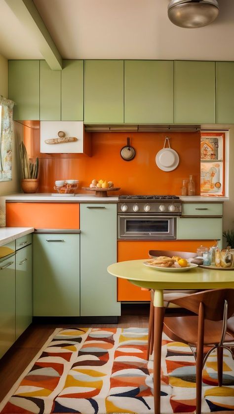 Colorful Green Kitchen, Kitchen Orange Tiles, 60s Inspired Kitchen, Green Orange Kitchen, 60s Kitchen Aesthetic, Maximalist Mid Century Modern, Sixties Kitchen, Orange And Green Kitchen, Midmod Kitchen