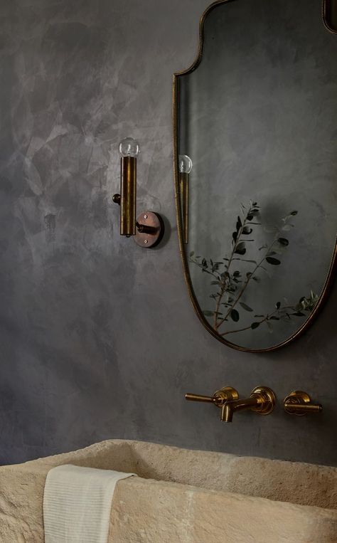 Limewash Walls Powder Room, Plaster Paint Bathroom, Black Lime Wash Bathroom, Dark Limewash Walls Bathroom, Gray Limewash Bathroom, Edgy Powder Room, Moody Limewash Bathroom, Dark Limewash Bathroom, Grey Limewash Bathroom