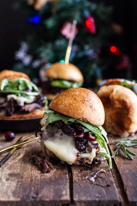 Bone In Short Rib Sliders in Soy, Worcestershire, Balsamic, Red Wine, Garlic, and Ginger Sauce on Toasted Buns with Melted Brie; Balsamic, Brown Sugar, Rosemary, and Ginger Fresh Cranberry Sauce; and Arugula [Optional Crockpot Version] Steak And Brie, Brie Sliders, Burger Bar, Half Baked, Half Baked Harvest, Think Food, Eat Smarter, Wrap Sandwiches, Cranberry Sauce