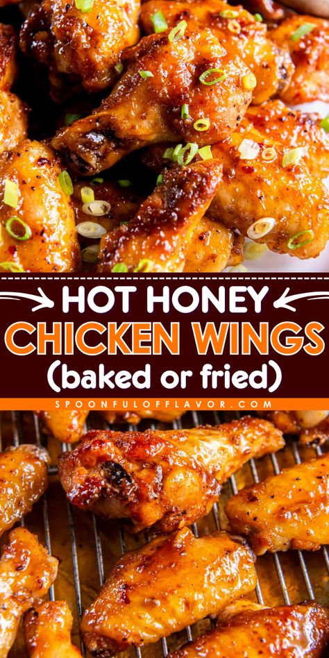 These homemade hot honey chicken wings are cooked to crispy perfection and are coated in a delicious hot honey sauce. They are perfect for game day gatherings or an easy weeknight dinner! Bake, grill, air fry or deep fry these wings. Chicken Wing Airfryer, How To Make Bbq Chicken Wings, Fried Chicken Wings Recipe Crispy, Hot Honey Wings Recipes, How To Cook Chicken Wings, Chicken Wings Recipes For Dinner, Easy Chicken Wings In The Oven, Chicken Wing Ideas, Hot Wings In The Oven