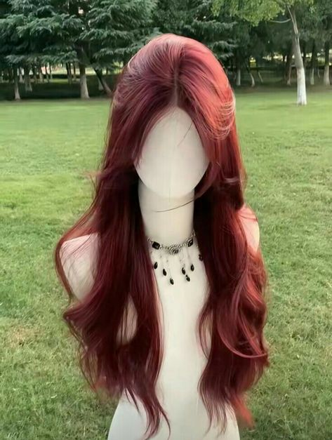 Redhair Wigs, Hairstyle With Roses, Dyed Asian Hair, Red Hair Asian, Red Hair Wigs, Rose Red Hair, Hair Colors For Pale Skin, Long Red Wig, Hair Stages