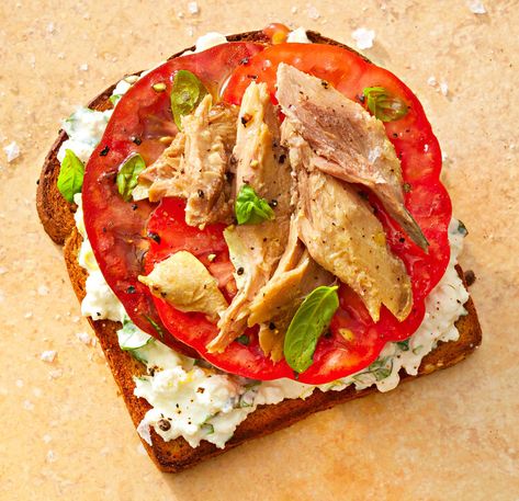 Summer Smoked Mackerel Toast Recipe — Prevention Tinned Fish, Smoked Mackerel, Whole Grain Bread, On Toast, Heirloom Tomatoes, Toast Recipes, Lemon Zest, Cottage Cheese, Heart Healthy