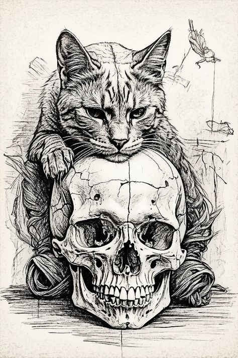 Cat And Skull Drawing, Things To Draw Tattoo Ideas, Cat Drawing Detailed, Hummingbird Flowers Drawing, Skeleton And Cat Tattoo, Skull Animal Drawing, Large Drawing Ideas, Sketches On Wall Aesthetic, Scary Drawing Dark Art