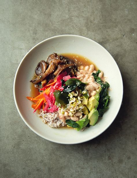 Grain Bowl with Shiru Broth and Oyster Mushrooms Vegan Dashi, Sorghum Recipes, Avocado Vinaigrette, Csa Box, Vegan Buddha Bowl, White Bean Salad, Kale Pesto, Radish Salad, High Vibrations