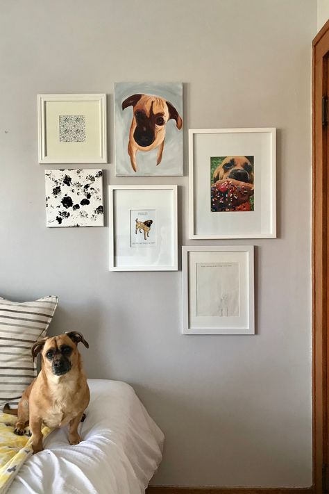 Dog Photo Gallery Wall, Pet Gallery Wall, Dog Gallery Wall, Dog Picture Wall, Family Photo Wall Collage, Artwork Display Ideas, Themed Gallery Wall, Dog Bedroom, Family Photo Wall