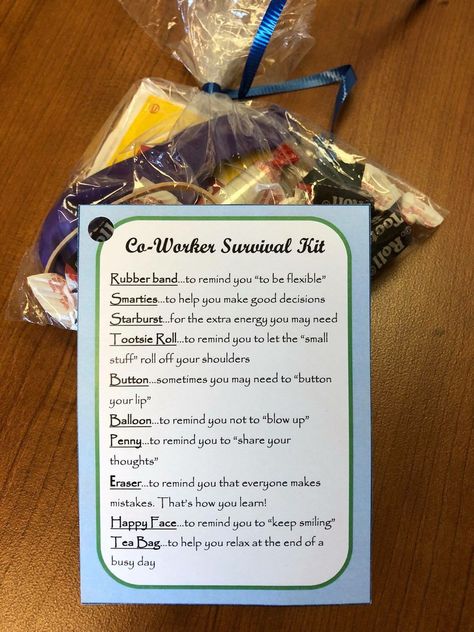 Office Survival Kit, Kit Gift Ideas, Diy Christmas Gifts For Coworkers, New Job Survival Kit, Survival Kit Gifts, Holiday Christmas Party, Staff Gifts, Survival Kits, Employee Appreciation Gifts