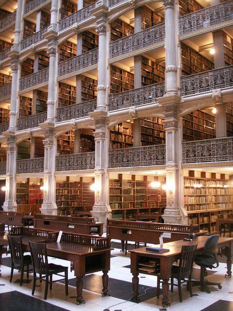 Beautiful Libraries and Bookshops...The George Peabody Library, Baltimore, Maryland, photo by Thomahawk1 via Flickr. George Peabody Library, Peabody Library, World Library, Dream Library, Beautiful Library, Baltimore Maryland, Travel Wanderlust, Baltimore Md, Home Library