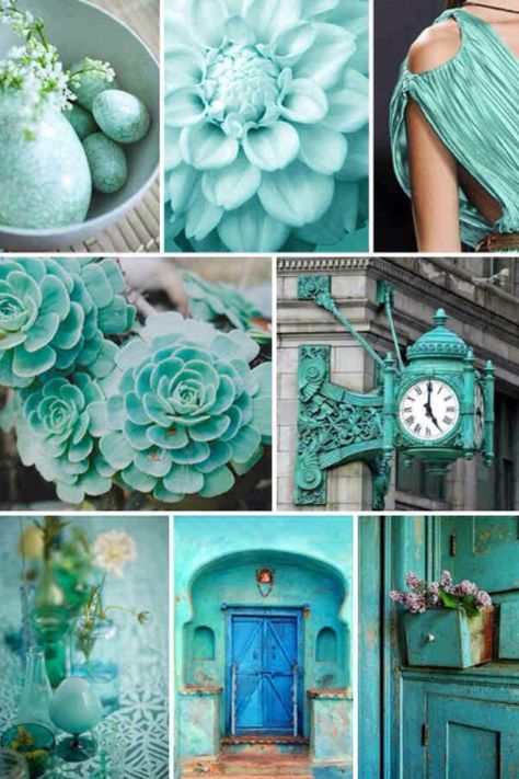 Great collaboration. Colour Psychology, Turquoise Colour, Mood Colors, Color Collage, Beautiful Collage, Shades Of Teal, Shades Of Turquoise, Color Turquoise, Aqua Turquoise