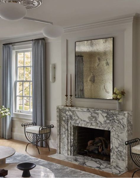 Formal Living Room Layout With Fireplace, Marble Mantle, Mirrors On Side Of Fireplace, Luxury Fireplace Living Room, Parisian Apartment Fireplace, Gas Fireplace Marble Surround, Paris Apartment Fireplace, Parisian Fireplace, Calacatta Viola Marble Fireplace