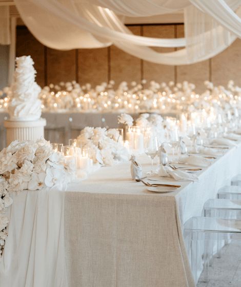 Shop the Look Dreamy White Wedding Dreamy White Wedding All White Wedding Color Palette, Wedding Table Decorations White Flowers, All White Winter Wedding, Beige And White Wedding, All White Reception, Clean White Wedding, Dreamy White Wedding, White And Cream Wedding, All White Wedding Decor