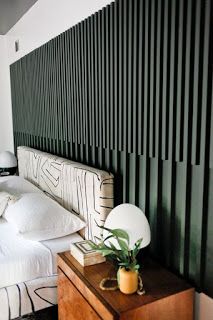 variegated green painted wood slat headboard accent wall // fort & field Banquette Design, Wood Feature Wall, Design Ložnic, Interior Boho, Slatted Headboard, Bedroom Accent, Dekorasi Kamar Tidur, Accent Wall Bedroom, Wallpaper Accent Wall