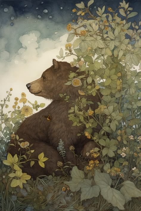 Cottagecore Homescreen, Bear Cottagecore, Vintage Bear Illustration, Bear Fairytale, Old Fairytale Illustration, Storybook Art Illustrations, Autumn Bear Illustration, Brown Bear Fantasy Art, 2d Sprite