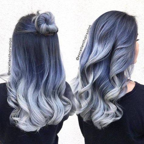 Hair Color Gray, Gray Highlights, Denim Hair, Hair Color Blue, Grey Hair Color, Denim Color, Hair Dye Colors, Hair Color Dark, Modern Salon