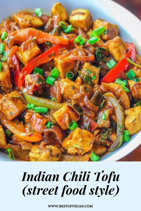 This Indian street food style chili tofu takes the best from Chinese and Indian cuisines, and is an emotion, to say the least! Get the full recipe here.#bestofvegan#bestofveganfood#veganasiancuisine#veganindiancuisine#veganchinesecuisine#indochinesecuisine#veganstreetfood Tofu Recipes Indian, Chinese Tofu Recipes, Indian Tofu, Chili Tofu, Dried Tofu, Indo Chinese Recipes, Vegan Indian Recipes, Fresh Eats, Bizarre Foods