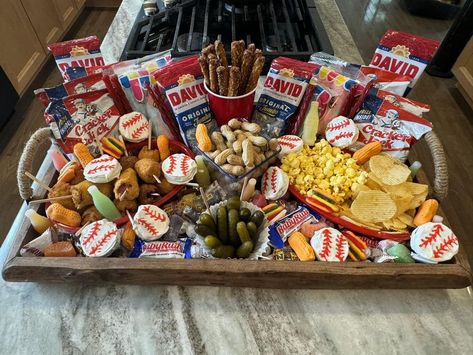 Charcuterie Boards, Grazing Trays, Snack Platters, Meat, Cheese, and Beyond | Sweet & Savory with a baseball theme. | Facebook Stadium Food, Baseball Snacks, Snack Platters, Snack Platter, Charcuterie Inspiration, Snack Board, Baseball Theme, Concession Stand, Charcuterie Boards