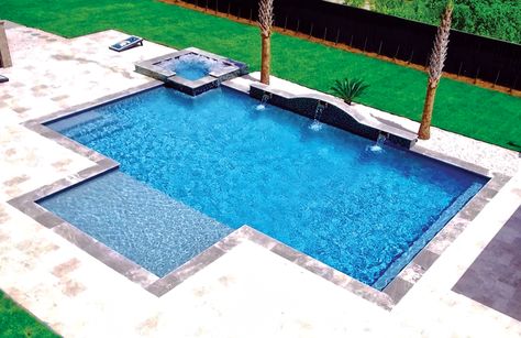 modified-rectangle-inground-pool-10 Walk In Pools Backyard, Small Rectangle Pool, Gunite Pool Ideas, Small Inground Pool Ideas, Rectangle Swimming Pools, Ideas De Piscina, Backyard Vacation, Inground Pool Ideas, Blue Haven Pools