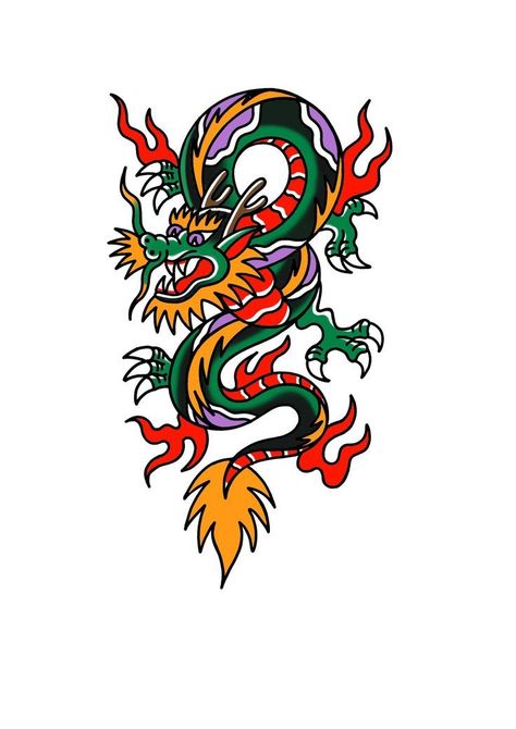 American Traditional Dragon Tattoo, American Traditional Dragon, Traditional Dragon Tattoo, Traditional Tattoo Dragon, Flash Art Tattoos, Traditional Dragon, Tato Flash, Tato Tradisional, American Dragon