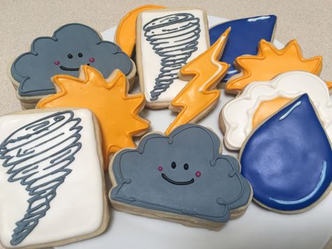 Storm Cookies Twonado Birthday Cookies, Twonado Cookies, Tornado Cookies Decorated, Storm Party Theme, Four Nado Birthday Party Boy, Storm Birthday Party Ideas, Storm Birthday Party, Tornado Cookies, Weather Themed Birthday Party