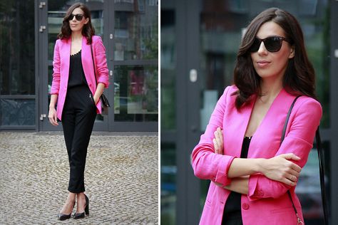 Hot Pink Velvet Blazer, Summer Office Pink Blazer, Pink Summer Office Blazer, Zara Spring Office Blazer, Pink Top Black Pants, Mid 20s Fashion, Pink Blazers, Pink Jacket Outfit, Real Estate Outfits