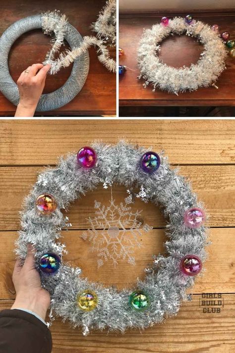 DIY Vintage Christmas Wreath - Dollar Store Project - Girls Build Club Christmas Diy Wreaths & Garlands, Crepe Paper Wreath, Vintage Christmas Crafts To Make, Make Your Own Christmas Decorations, Easy Christmas Wreaths Diy, Christmas Decor On A Budget, Cheap Christmas Decor, Christmas Wreath Supplies, Diy Vintage Christmas