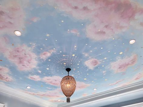 Sky Mural, Birmingham Michigan, Cloud Ceiling, Balloon Chandelier, Sky Ceiling, Ceiling Painting, Design Ceiling, Ceiling Murals, Ceiling Art